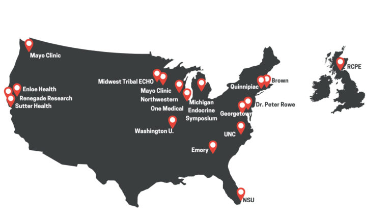 Map of the United States with red pins showing all the locations of #Teach ME, Treat ME medical education events